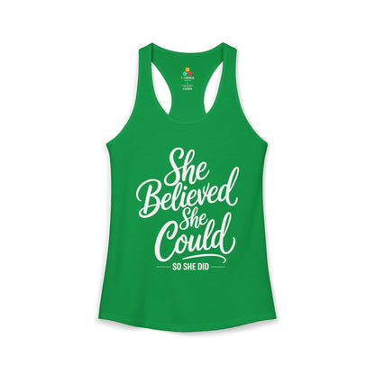 TEEZOCA she believed she could so she did women’s tank top with script typography Green tank top with 'She Believed She Could, So She Did' text on a white background