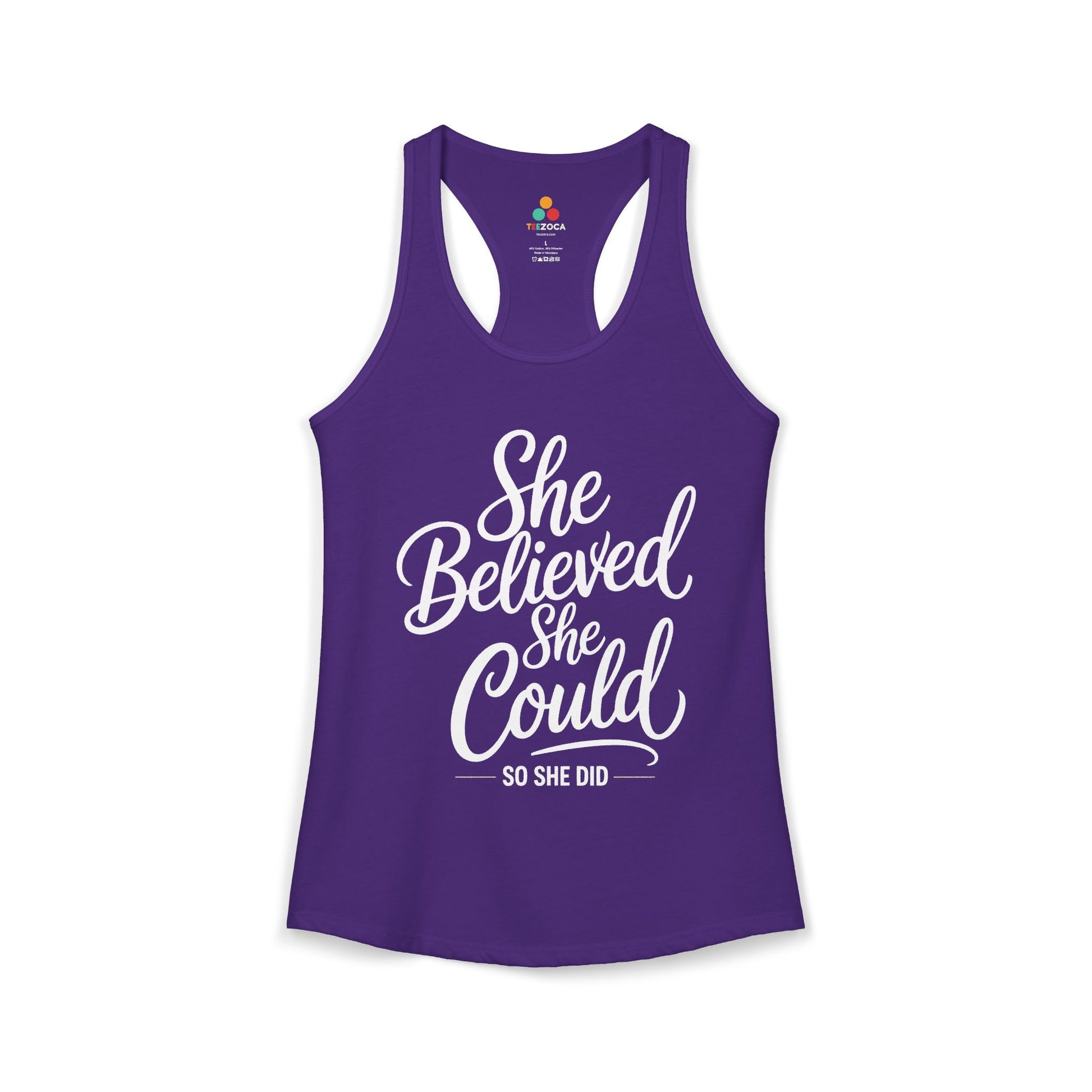 TEEZOCA she believed she could so she did women’s tank top with script typography Purple tank top with 'She Believed She Could, So She Did' text on a white background
