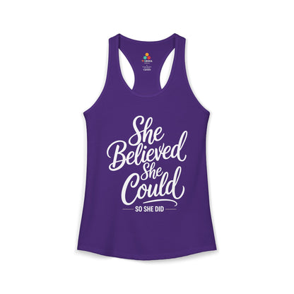 TEEZOCA she believed she could so she did women’s tank top with script typography Purple tank top with 'She Believed She Could, So She Did' text on a white background