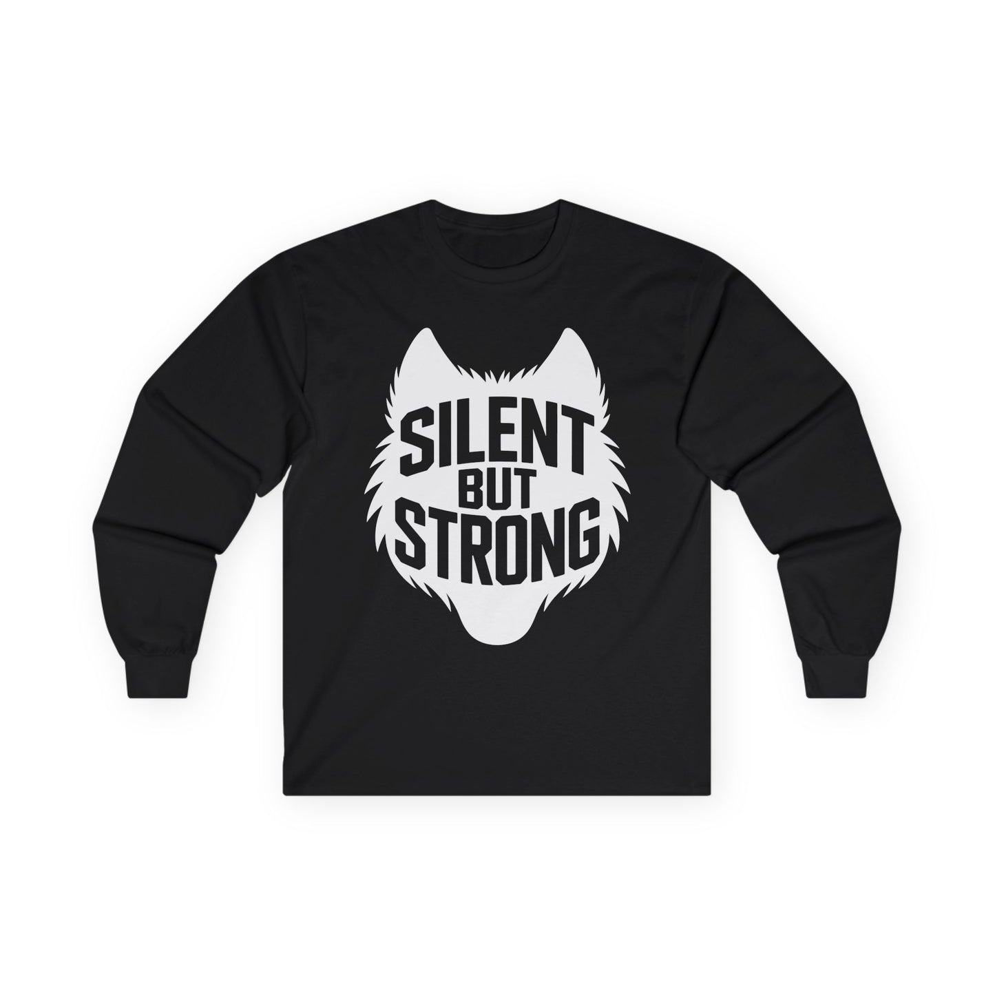 TEEZOCA silent but strong unisex long-sleeve t-shirt design Black long-sleeve shirt with a white wolf graphic and 'Silent But Strong' text on a white background