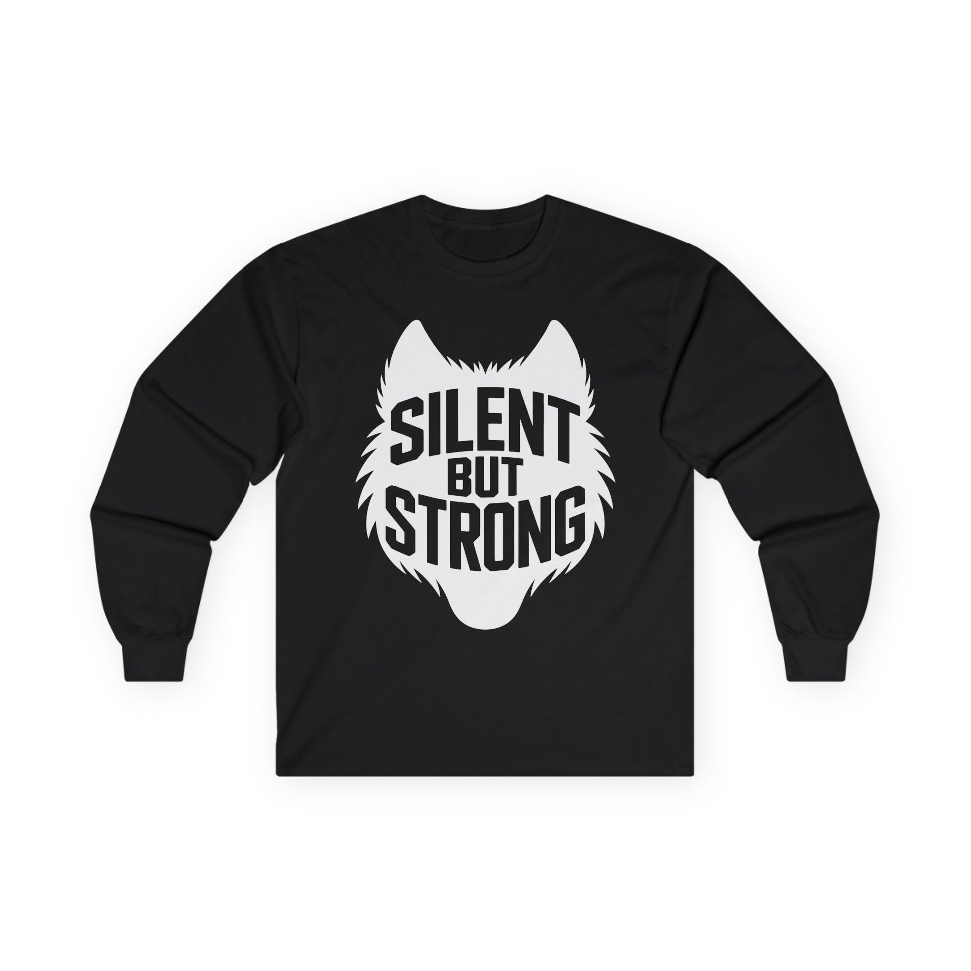 TEEZOCA silent but strong unisex long-sleeve t-shirt design Black long-sleeve shirt with a white wolf graphic and 'Silent But Strong' text on a white background