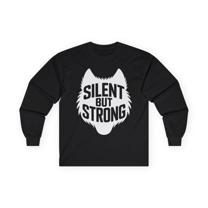 TEEZOCA silent but strong unisex long-sleeve t-shirt design Black long-sleeve shirt with a white wolf graphic and 'Silent But Strong' text on a white background