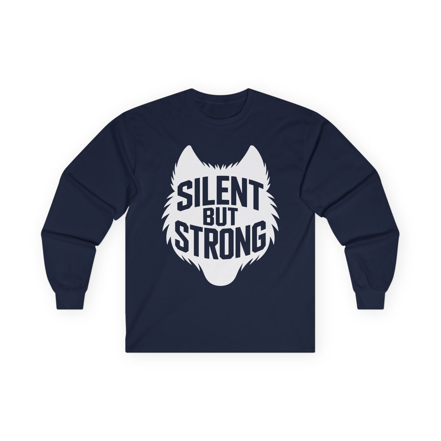 TEEZOCA silent but strong unisex long-sleeve t-shirt design Navy blue long-sleeve shirt with white wolf graphic and 'Silent But Strong' text on a white background