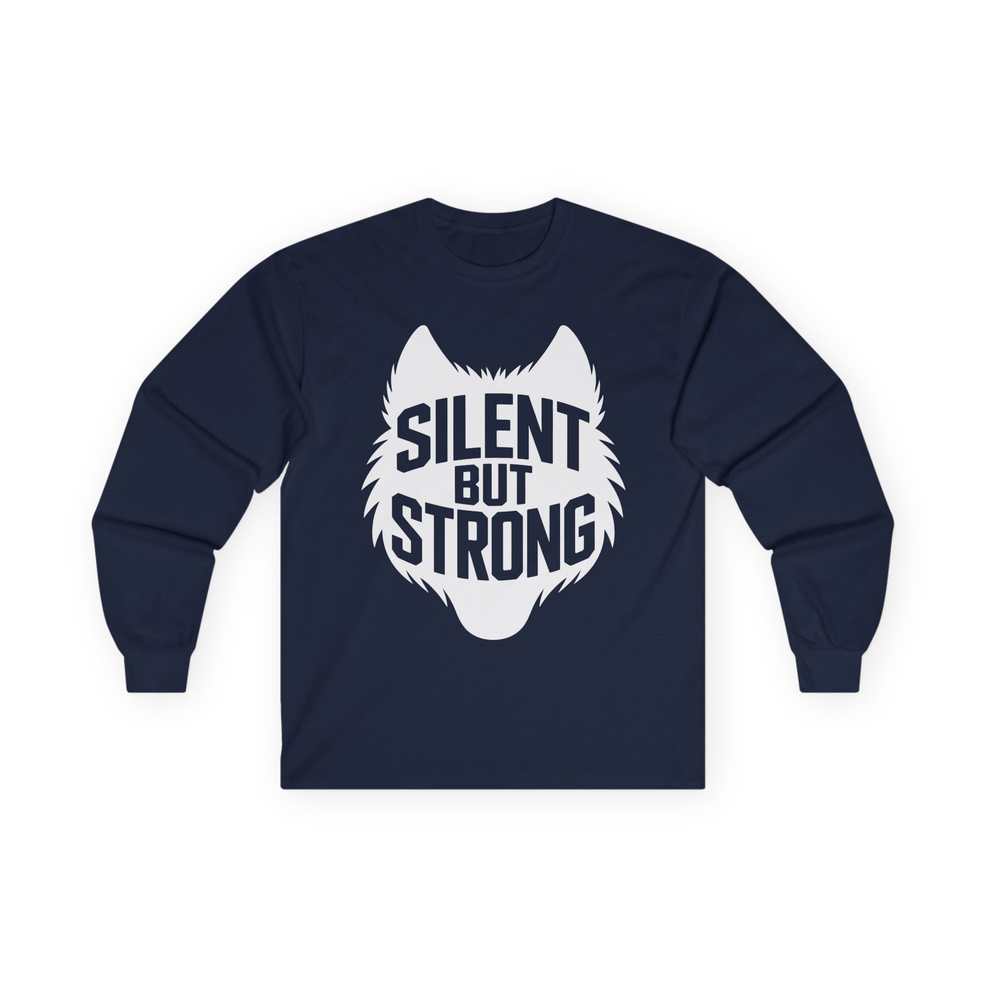 TEEZOCA silent but strong unisex long-sleeve t-shirt design Navy blue long-sleeve shirt with white wolf graphic and 'Silent But Strong' text on a white background