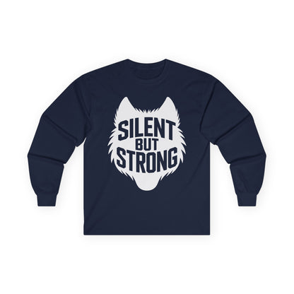TEEZOCA silent but strong unisex long-sleeve t-shirt design Navy blue long-sleeve shirt with white wolf graphic and 'Silent But Strong' text on a white background