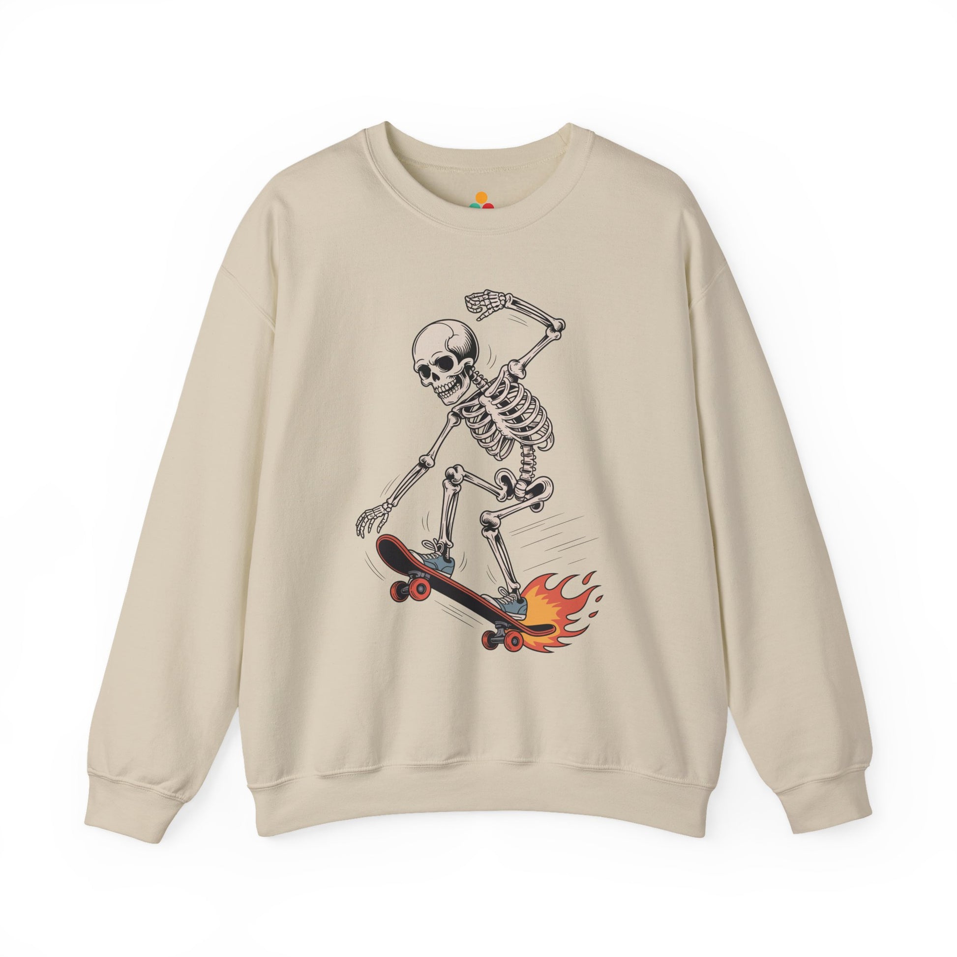 TEEZOCA skateboarding skeleton sweatshirt with flaming skateboard graphic Beige sweatshirt with a skeleton on a skateboard graphic on a white background