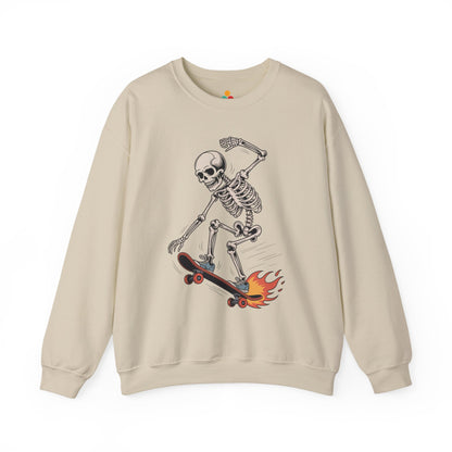 TEEZOCA skateboarding skeleton sweatshirt with flaming skateboard graphic Beige sweatshirt with a skeleton on a skateboard graphic on a white background