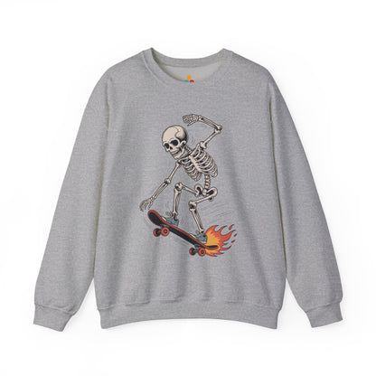 TEEZOCA skateboarding skeleton sweatshirt with flaming skateboard graphic Gray sweatshirt with a skeleton on a skateboard design on a white background