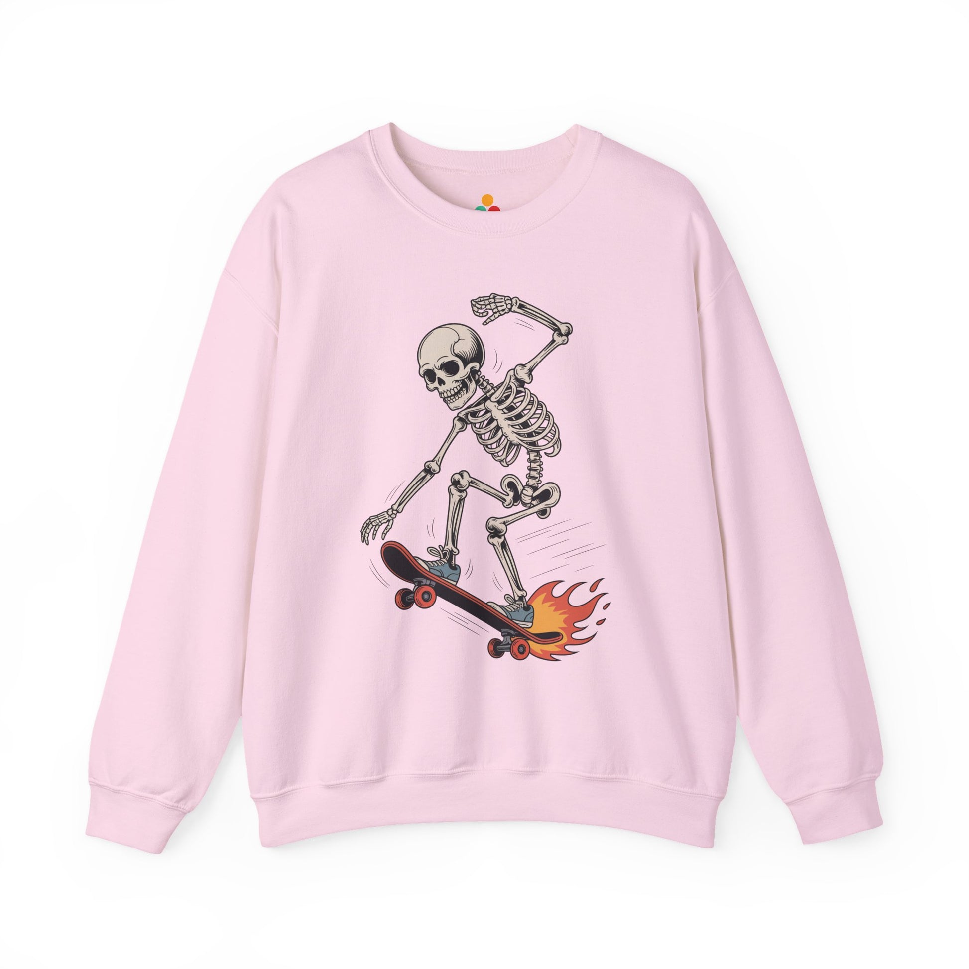 TEEZOCA skateboarding skeleton sweatshirt with flaming skateboard graphic Pink sweatshirt with a skeleton on a skateboard graphic on a white background