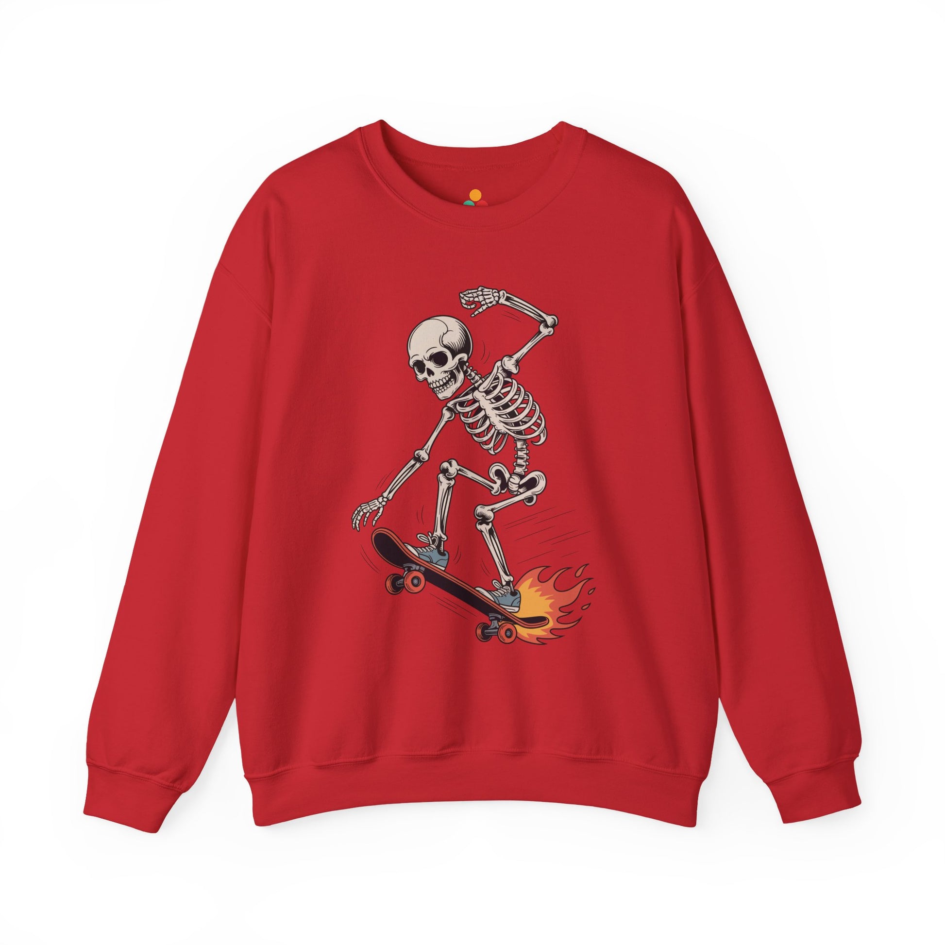 TEEZOCA skateboarding skeleton sweatshirt with flaming skateboard graphic Red sweatshirt with a skeleton riding a skateboard graphic on a white background