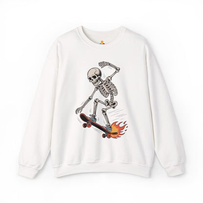 TEEZOCA skateboarding skeleton sweatshirt with flaming skateboard graphic White sweatshirt with a skeleton on a skateboard graphic on a white background