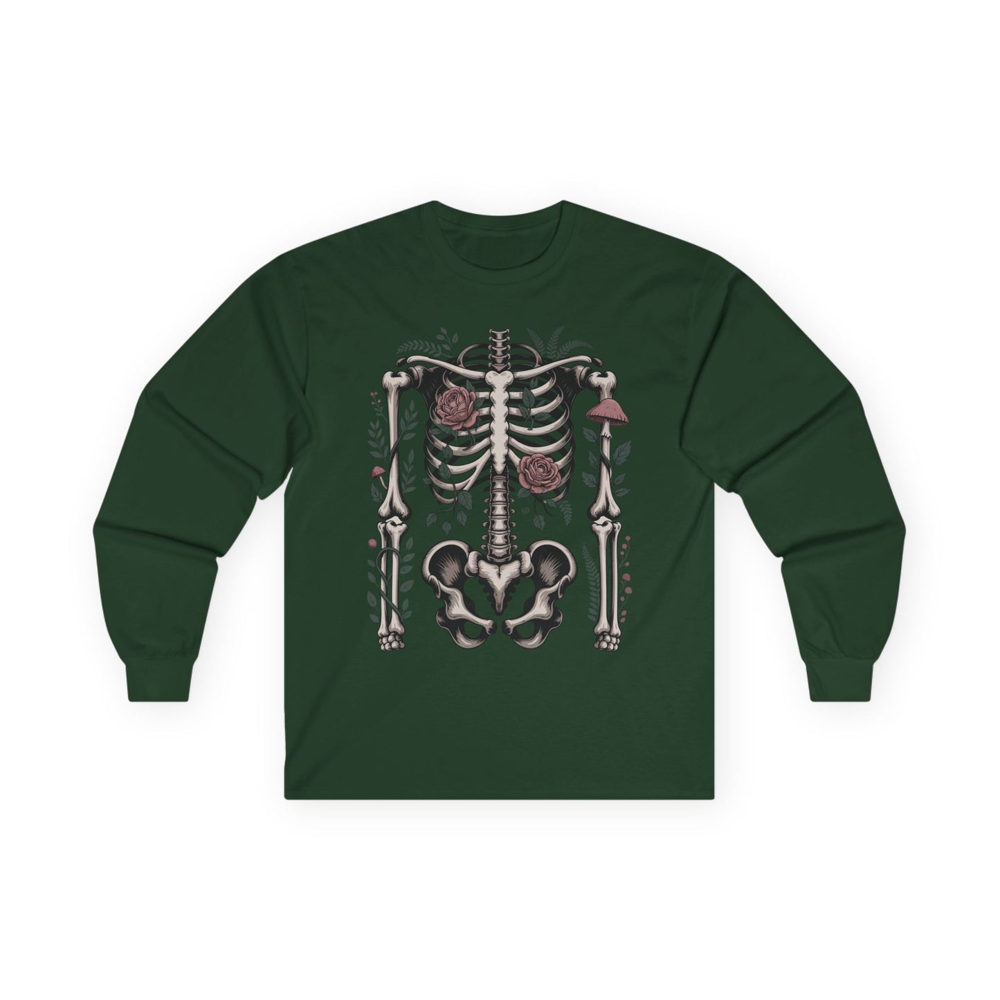 TEEZOCA skeleton and flowers design printed on unisex long-sleeve t-shirt Green long-sleeve shirt with a skeleton design on a white background