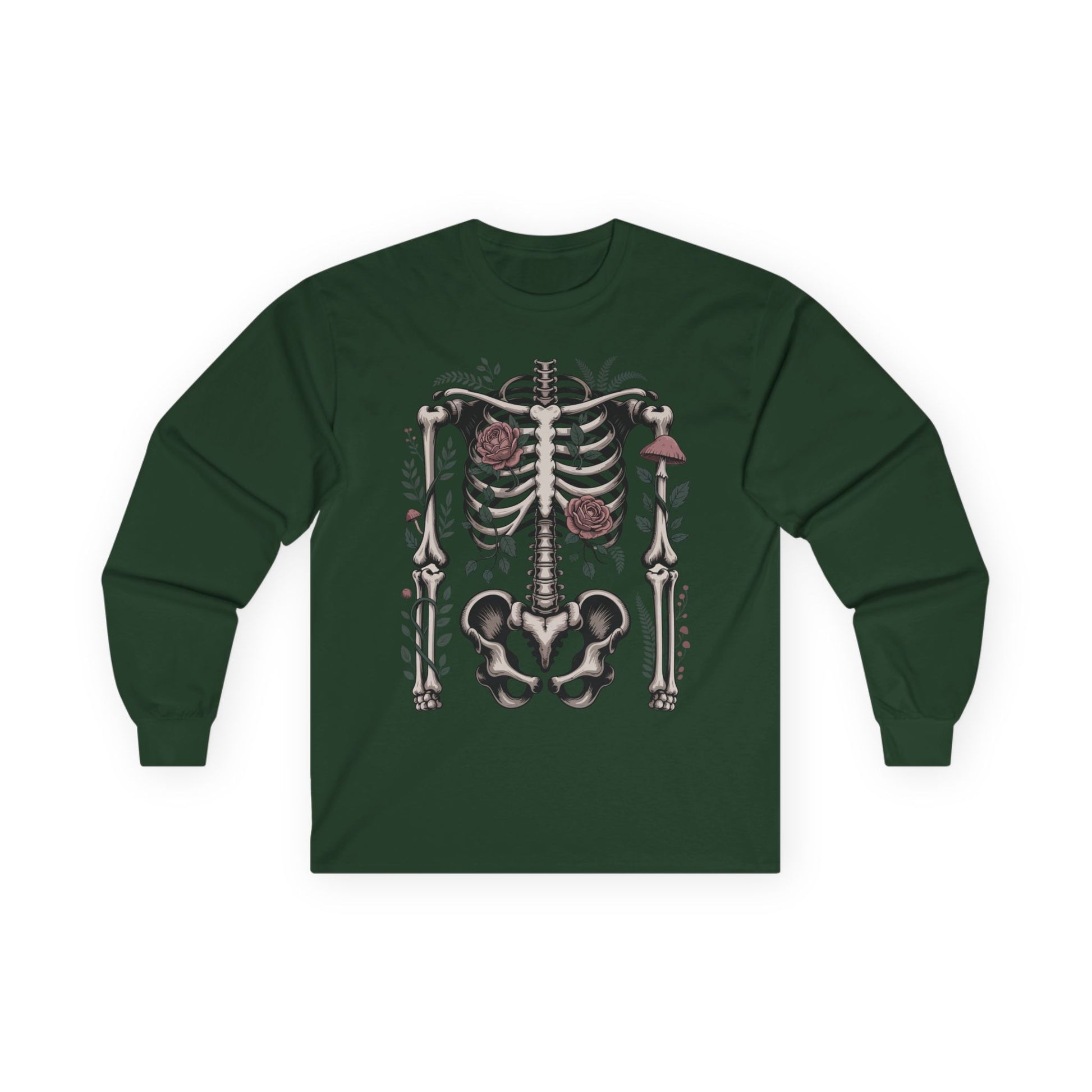 TEEZOCA skeleton and flowers design printed on unisex long-sleeve t-shirt Green long-sleeve shirt with a skeleton design on a white background