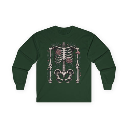 TEEZOCA skeleton and flowers design printed on unisex long-sleeve t-shirt Green long-sleeve shirt with a skeleton design on a white background
