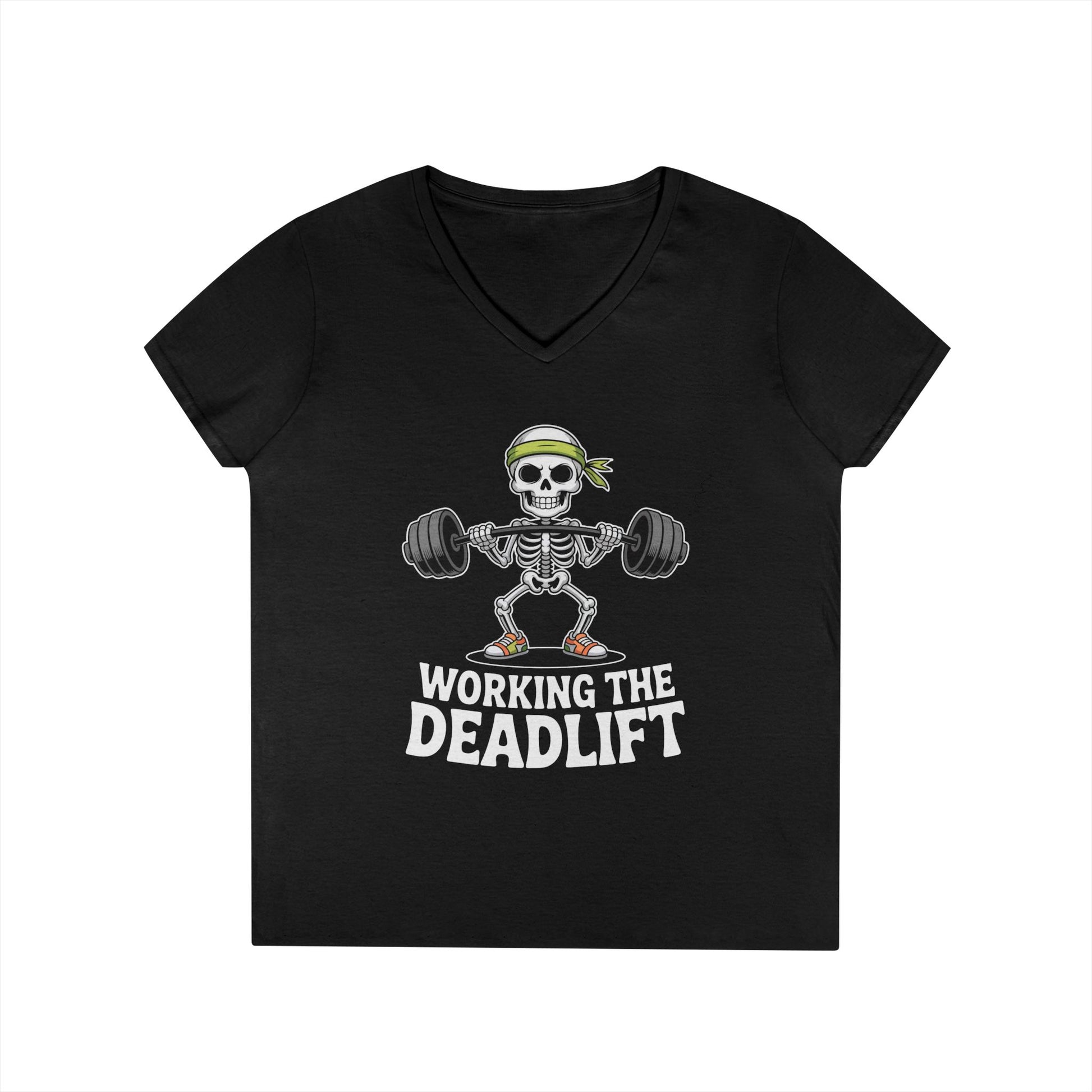 Working The Deadlift Skeleton Gym Humor V-Neck T-Shirt for Women | TEEZOCA 