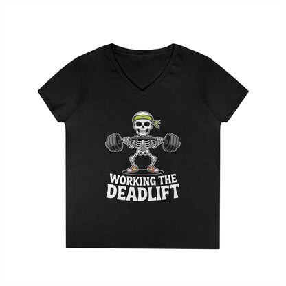 Working The Deadlift Skeleton Gym Humor V-Neck T-Shirt for Women | TEEZOCA 