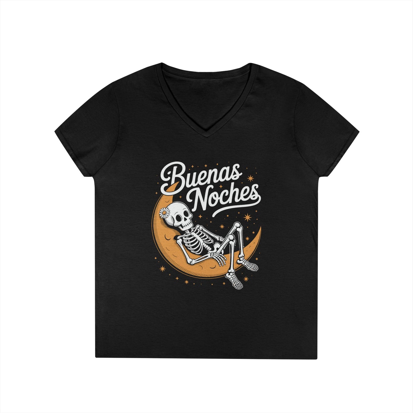 Buenas Noches Skeleton Moon Night Art Aesthetic V-Neck T-Shirt | TEEZOCA 