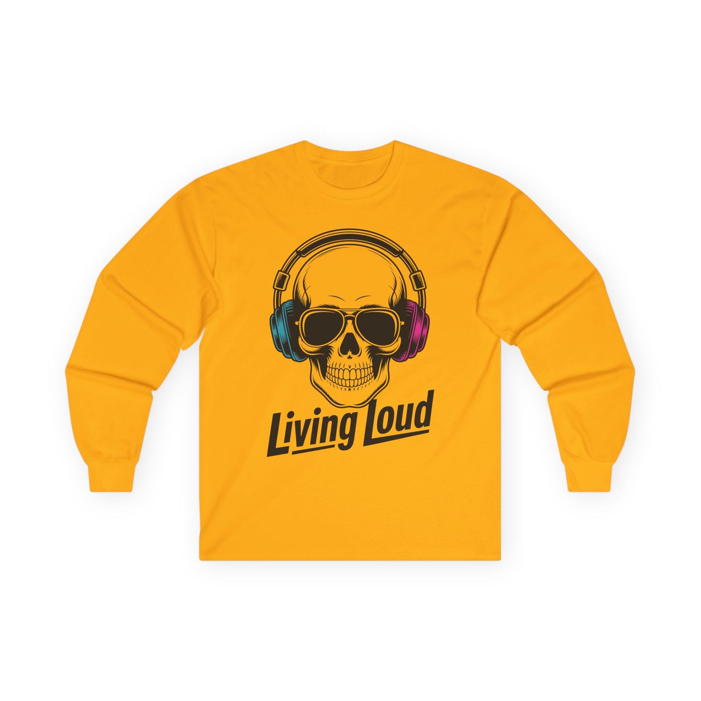 TEEZOCA skull wearing headphones unisex long-sleeve t-shirt Yellow long-sleeve shirt with a skull and headphones graphic and 'Living Loud' text on a white background.
