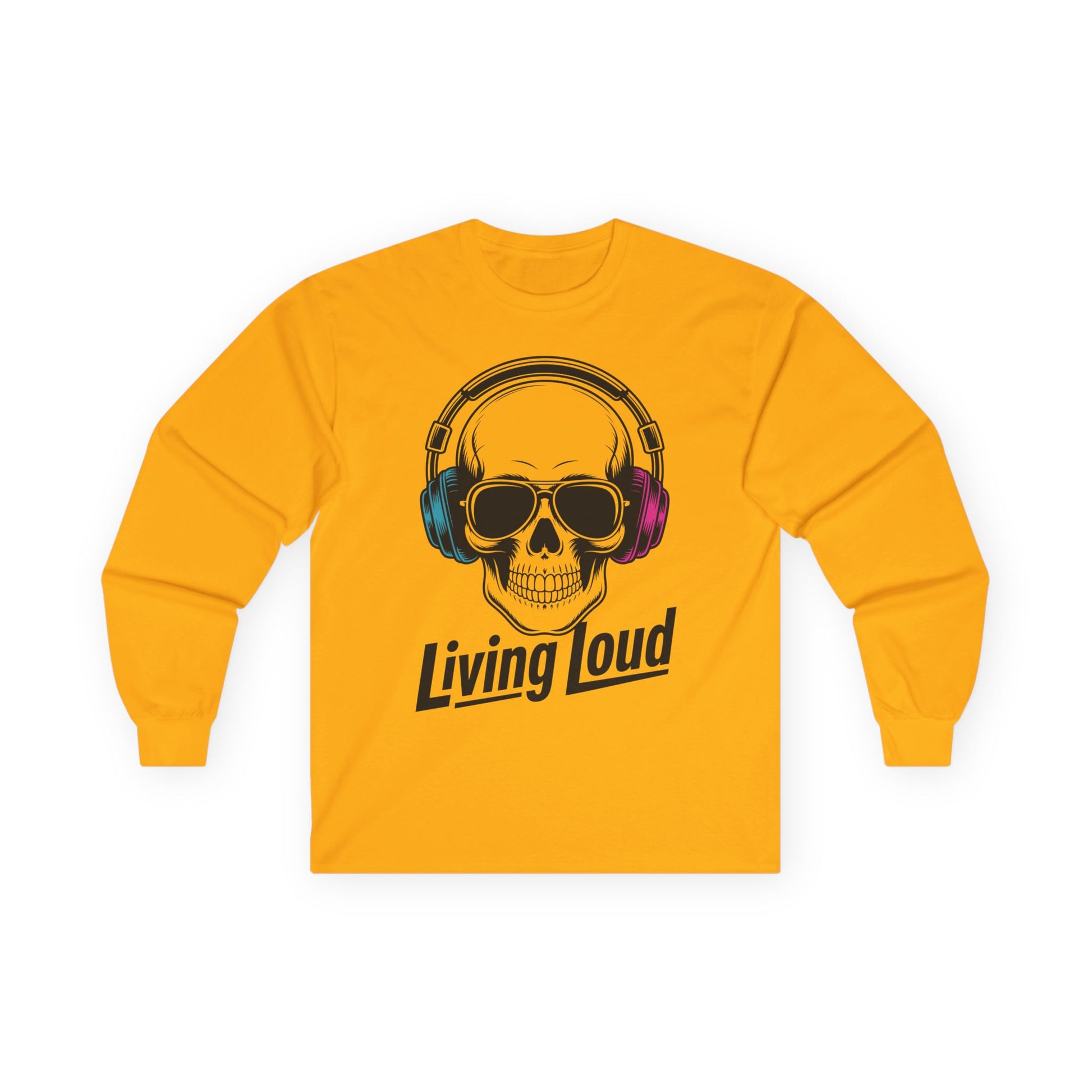 TEEZOCA skull wearing headphones unisex long-sleeve t-shirt Yellow long-sleeve shirt with a skull and headphones graphic and 'Living Loud' text on a white background.