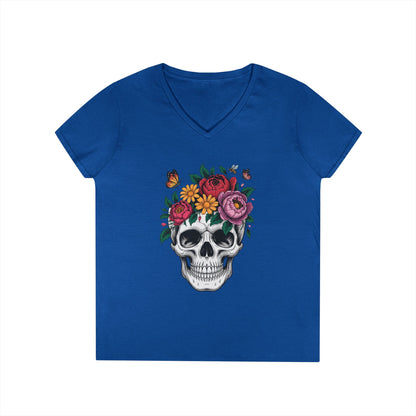 Floral Skull Botanical Art V-Neck T-Shirt for Women | TEEZOCA 