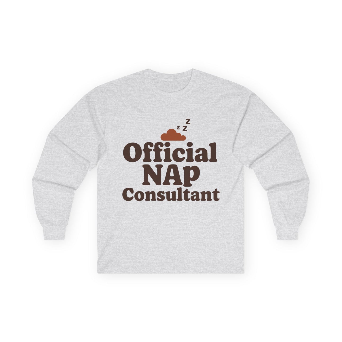 TEEZOCA sleep humor graphic unisex long-sleeve tee Gray sweatshirt with 'Official NAP Consultant' text on a white background