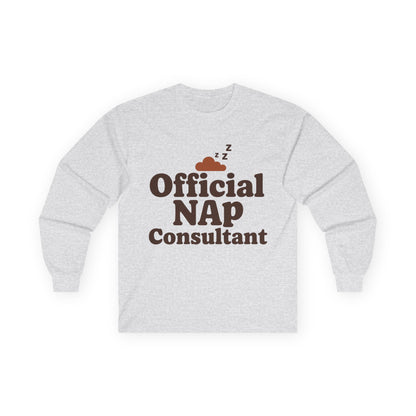 TEEZOCA sleep humor graphic unisex long-sleeve tee Gray sweatshirt with 'Official NAP Consultant' text on a white background