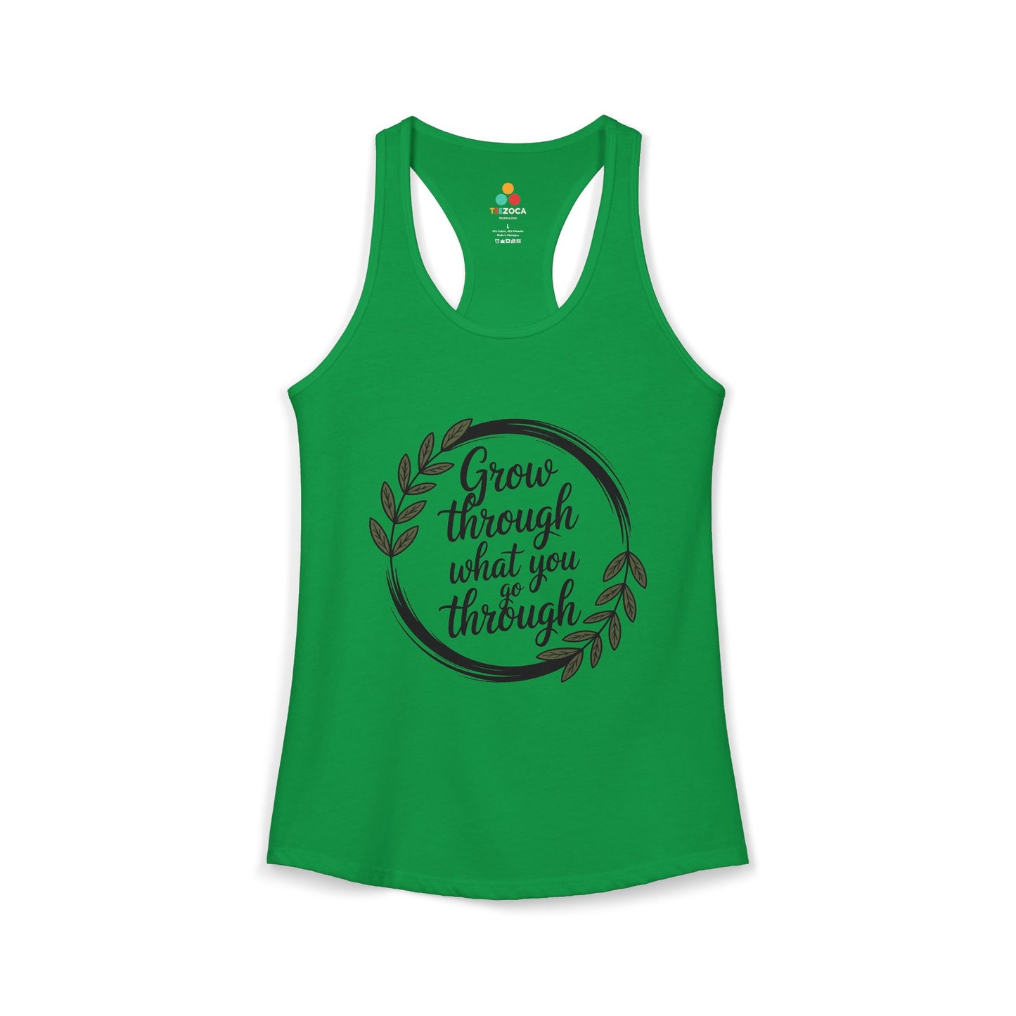 TEEZOCA sleeveless women’s tank top featuring floral wreath and motivational text artwork Green tank top with motivational quote on a white background