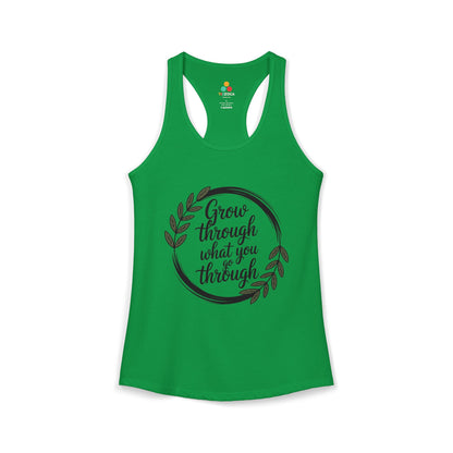 TEEZOCA sleeveless women’s tank top featuring floral wreath and motivational text artwork Green tank top with motivational quote on a white background