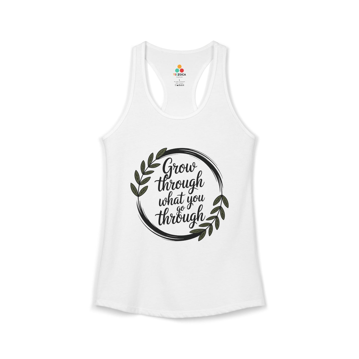 TEEZOCA sleeveless women’s tank top featuring floral wreath and motivational text artwork White tank top with motivational quote and leaf design on a white background