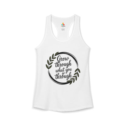 TEEZOCA sleeveless women’s tank top featuring floral wreath and motivational text artwork White tank top with motivational quote and leaf design on a white background