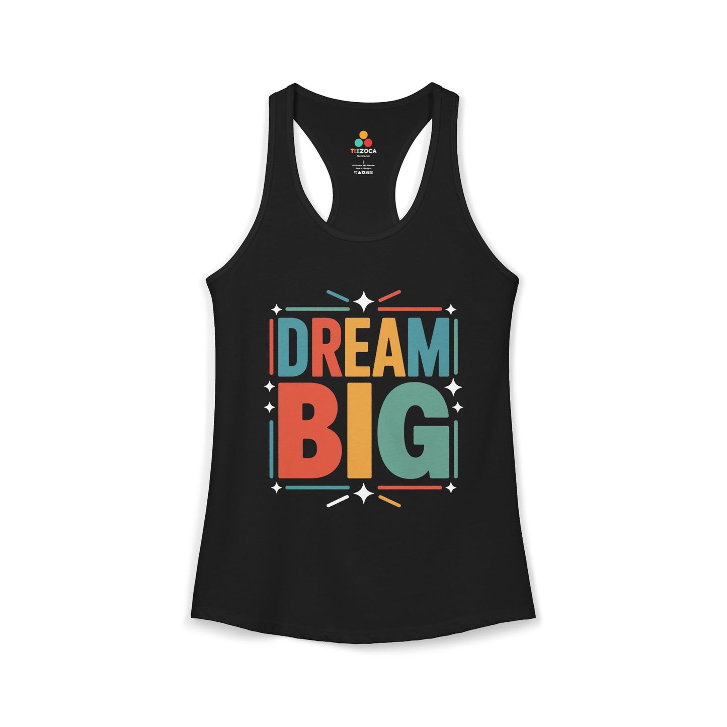 TEEZOCA sleeveless women’s tank top with colorful inspirational “Dream Big” lettering Black tank top with 'Dream Big' text in colorful letters on a white background