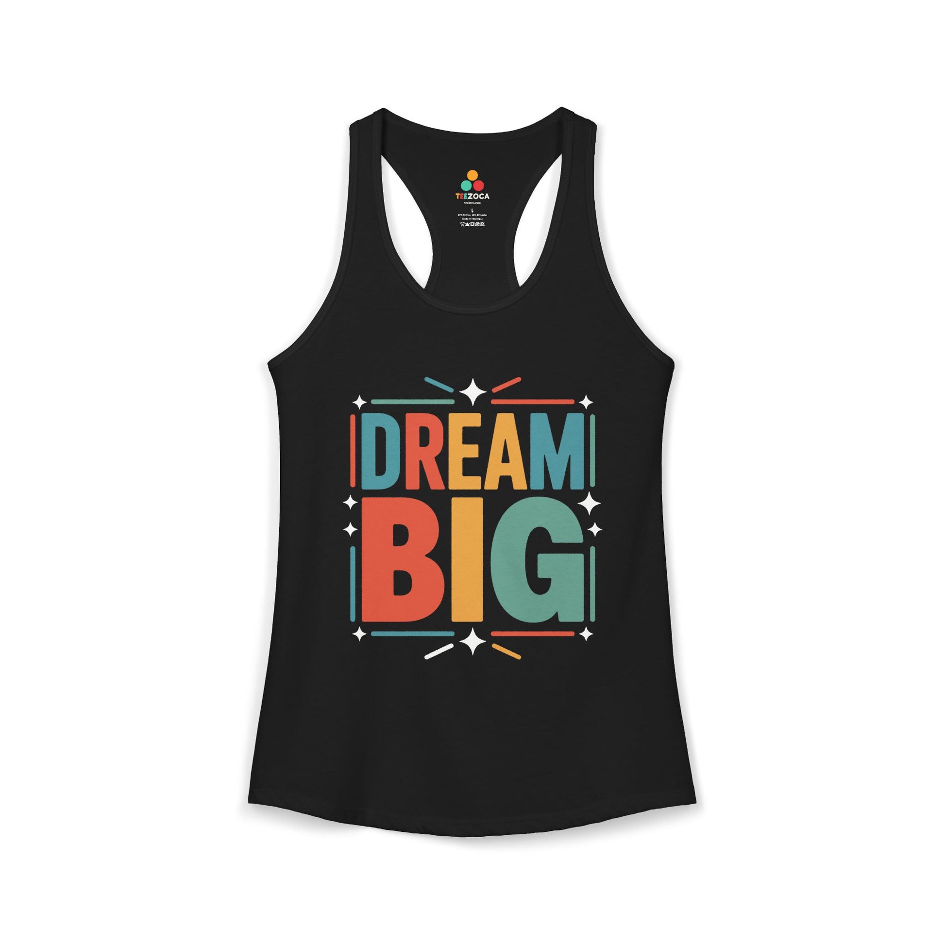 TEEZOCA sleeveless women’s tank top with colorful inspirational “Dream Big” lettering Black tank top with 'Dream Big' text in colorful letters on a white background