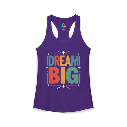 TEEZOCA sleeveless women’s tank top with colorful inspirational “Dream Big” lettering Purple tank top with 'Dream Big' text in colorful letters on a white background