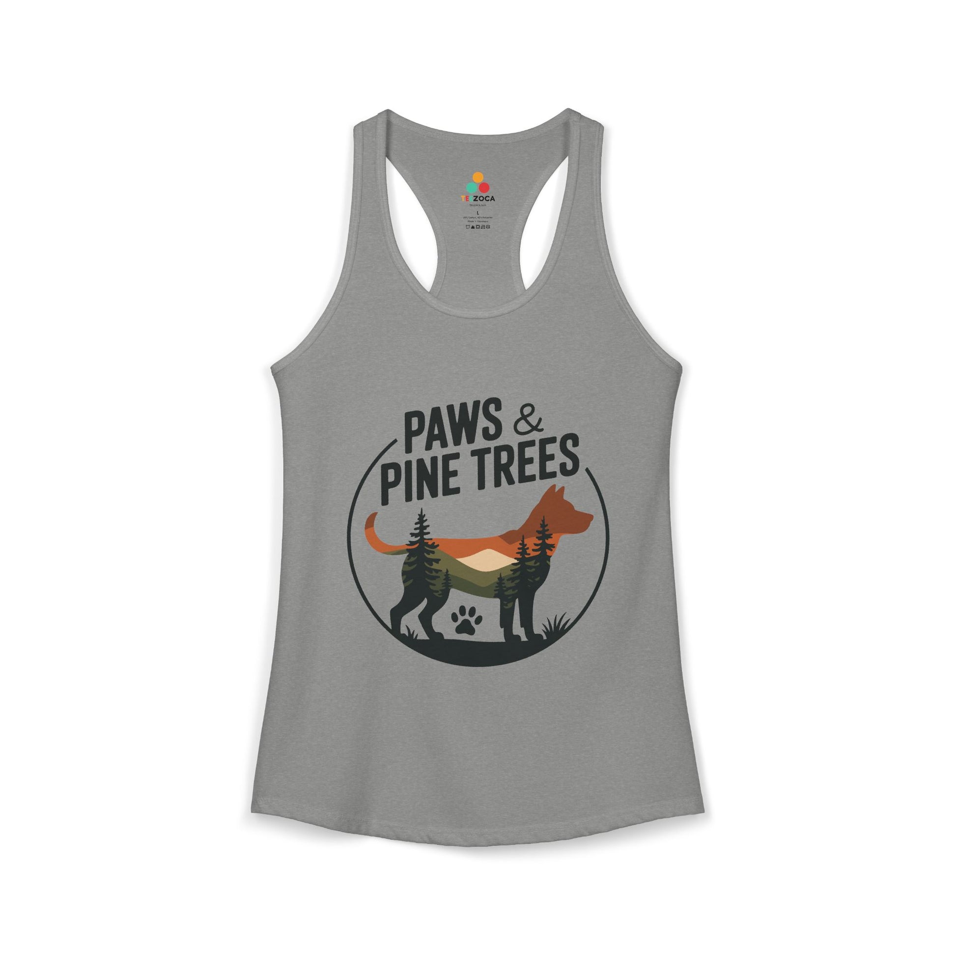 TEEZOCA sleeveless women’s tank top with dog silhouette and pine tree nature illustration
 Gray tank top with 'Paws & Pine Trees' graphic design on a white background