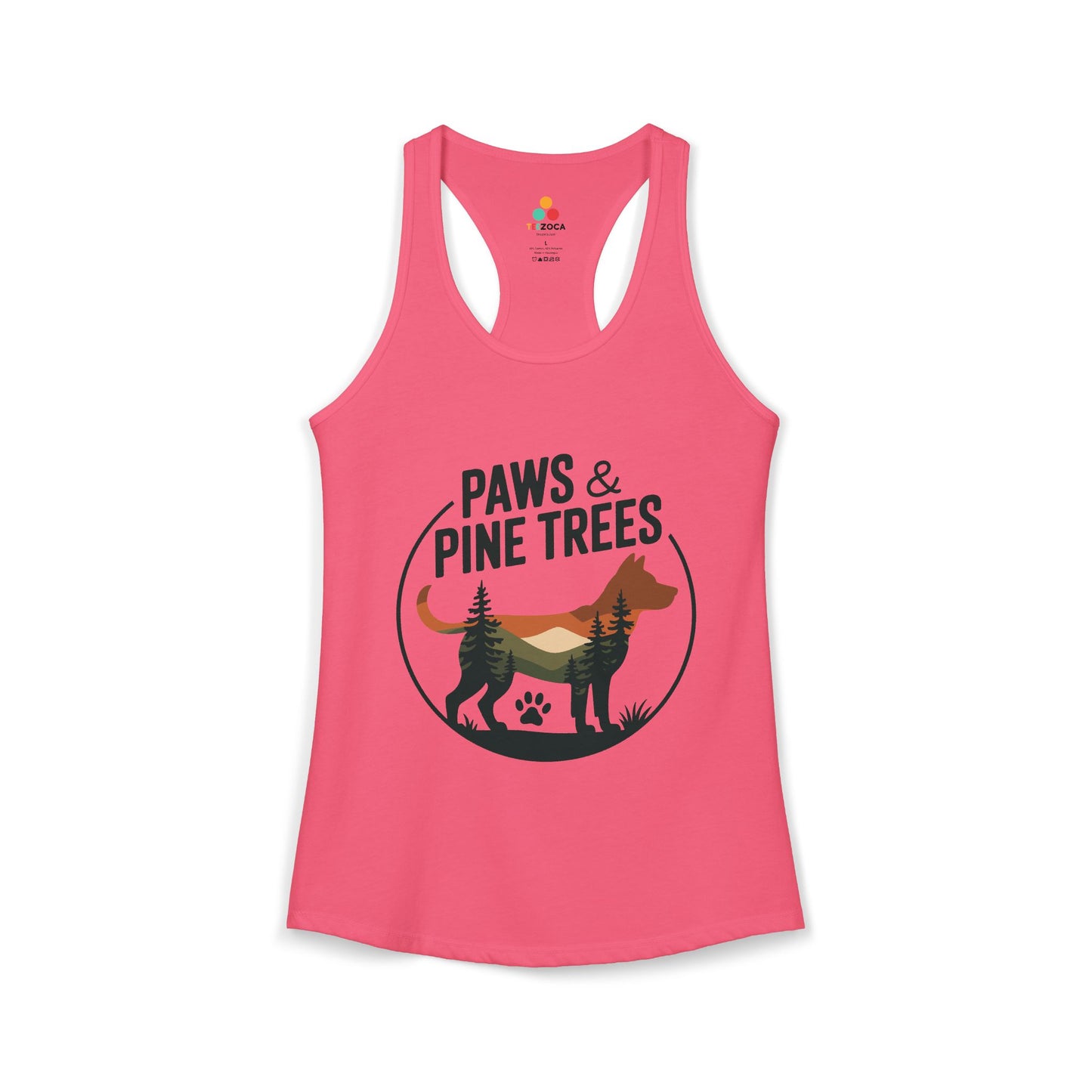 TEEZOCA sleeveless women’s tank top with dog silhouette and pine tree nature illustration
 Pink tank top with 'Paws & Pine Trees' design on a white background