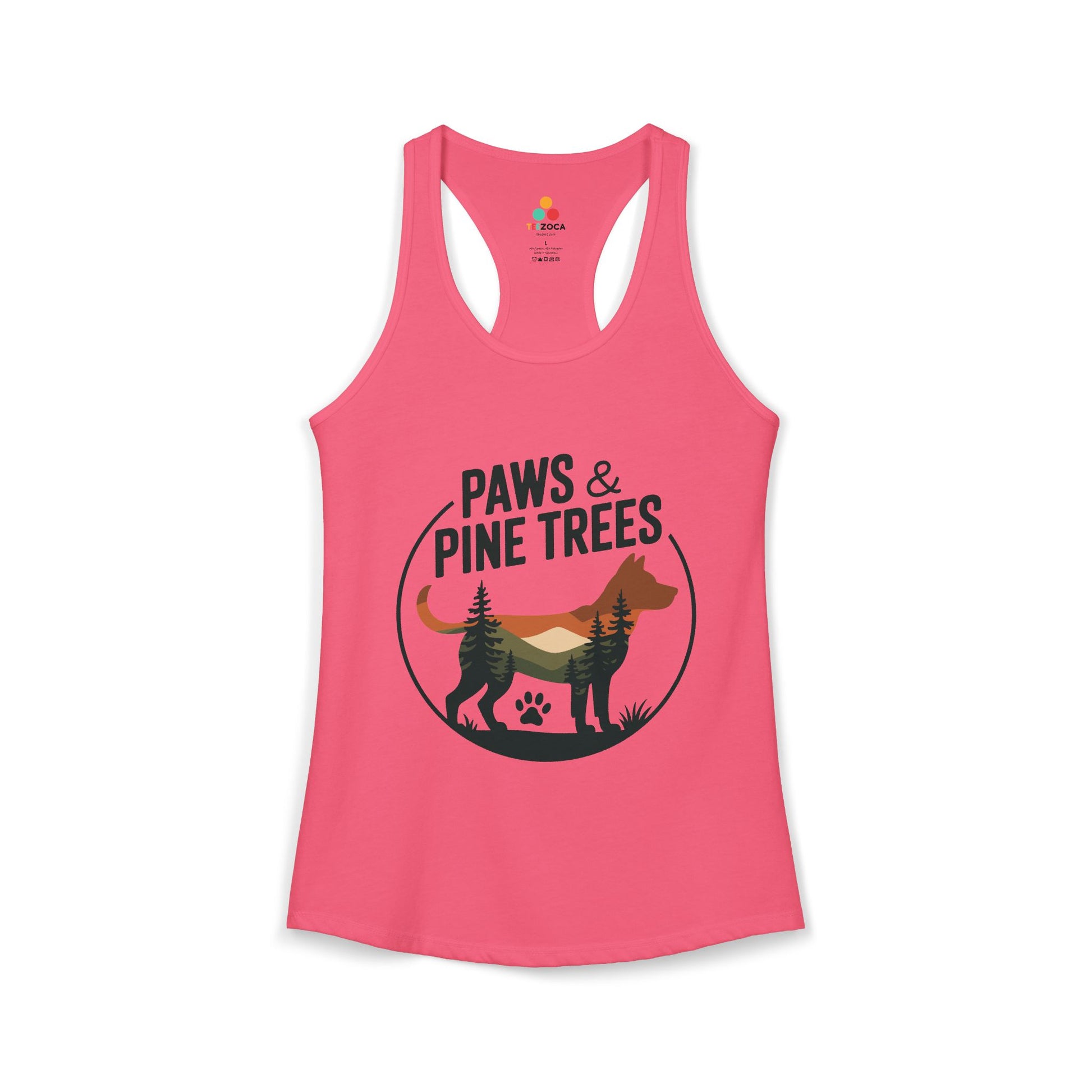 TEEZOCA sleeveless women’s tank top with dog silhouette and pine tree nature illustration
 Pink tank top with 'Paws & Pine Trees' design on a white background