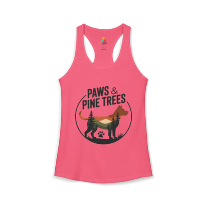 TEEZOCA sleeveless women’s tank top with dog silhouette and pine tree nature illustration
 Pink tank top with 'Paws & Pine Trees' design on a white background
