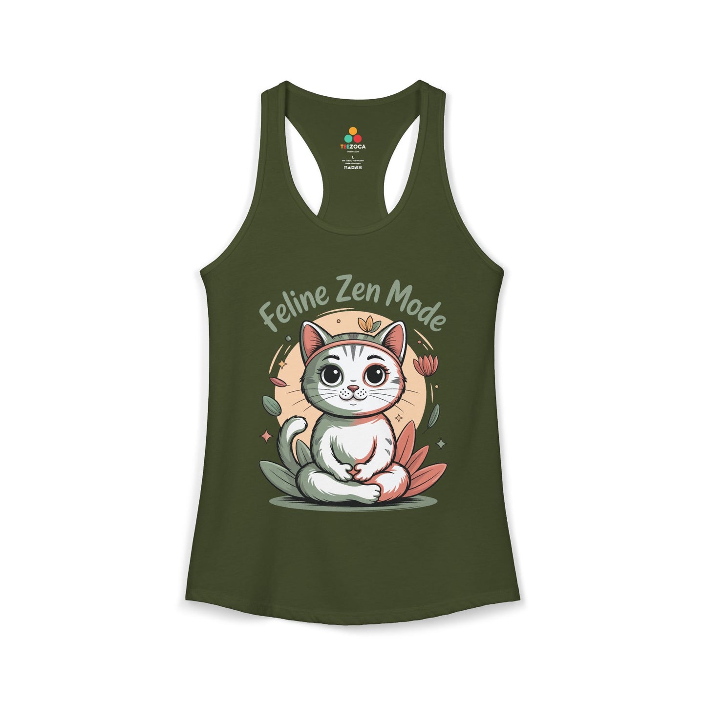 TEEZOCA sleeveless women’s tank top with zen cat illustration, calming colors, and peaceful yoga vibe
 Green tank top with a cat graphic and 'Feline Zen Mode' text on a white background