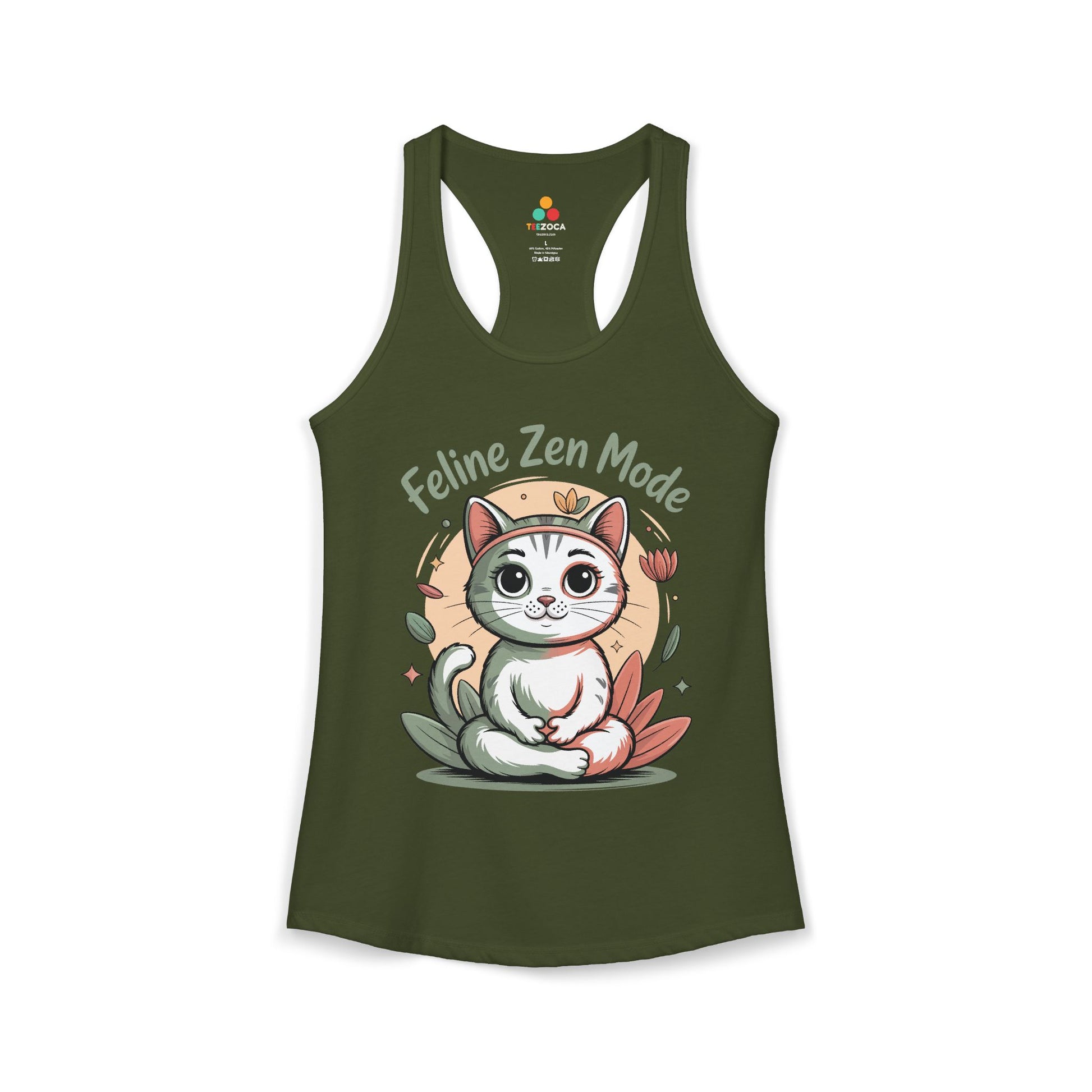 TEEZOCA sleeveless women’s tank top with zen cat illustration, calming colors, and peaceful yoga vibe
 Green tank top with a cat graphic and 'Feline Zen Mode' text on a white background