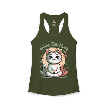 TEEZOCA sleeveless women’s tank top with zen cat illustration, calming colors, and peaceful yoga vibe
 Green tank top with a cat graphic and 'Feline Zen Mode' text on a white background