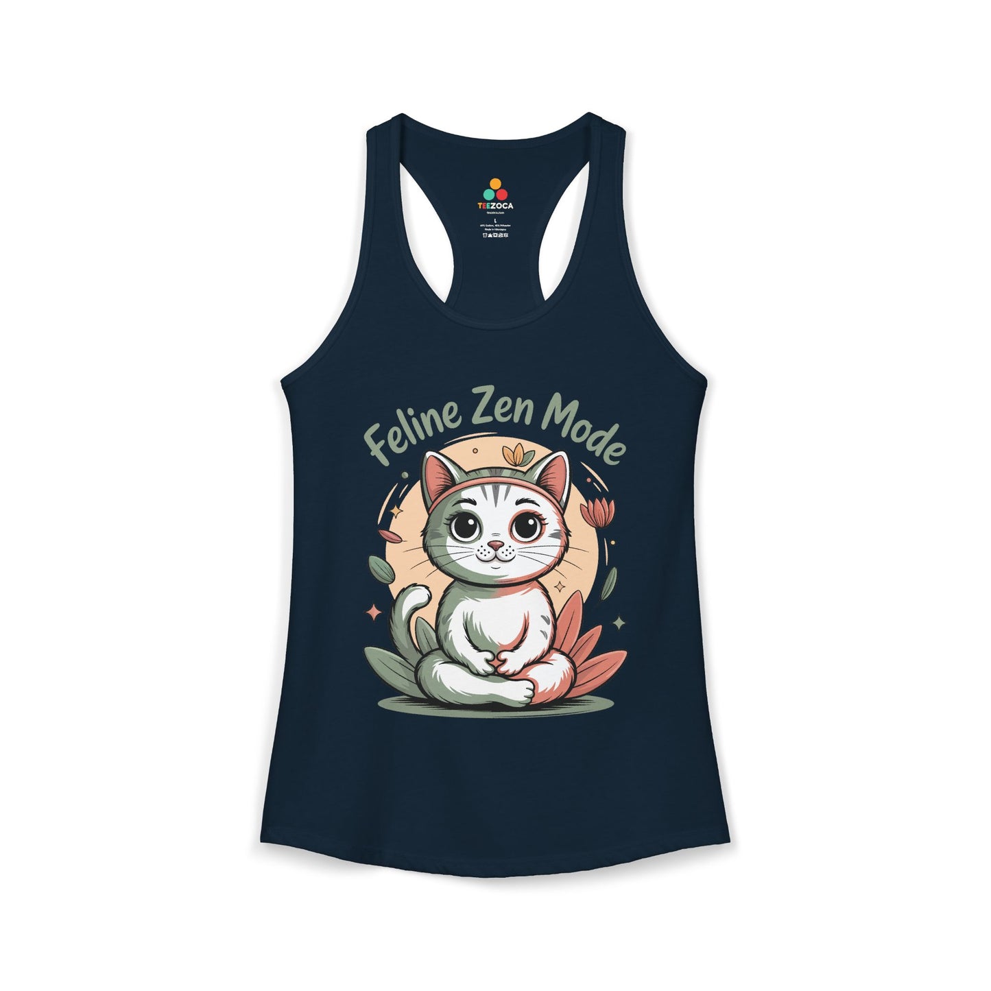 TEEZOCA sleeveless women’s tank top with zen cat illustration, calming colors, and peaceful yoga vibe
 Navy tank top with a cat graphic and 'Feline Zen Mode' text on a white background