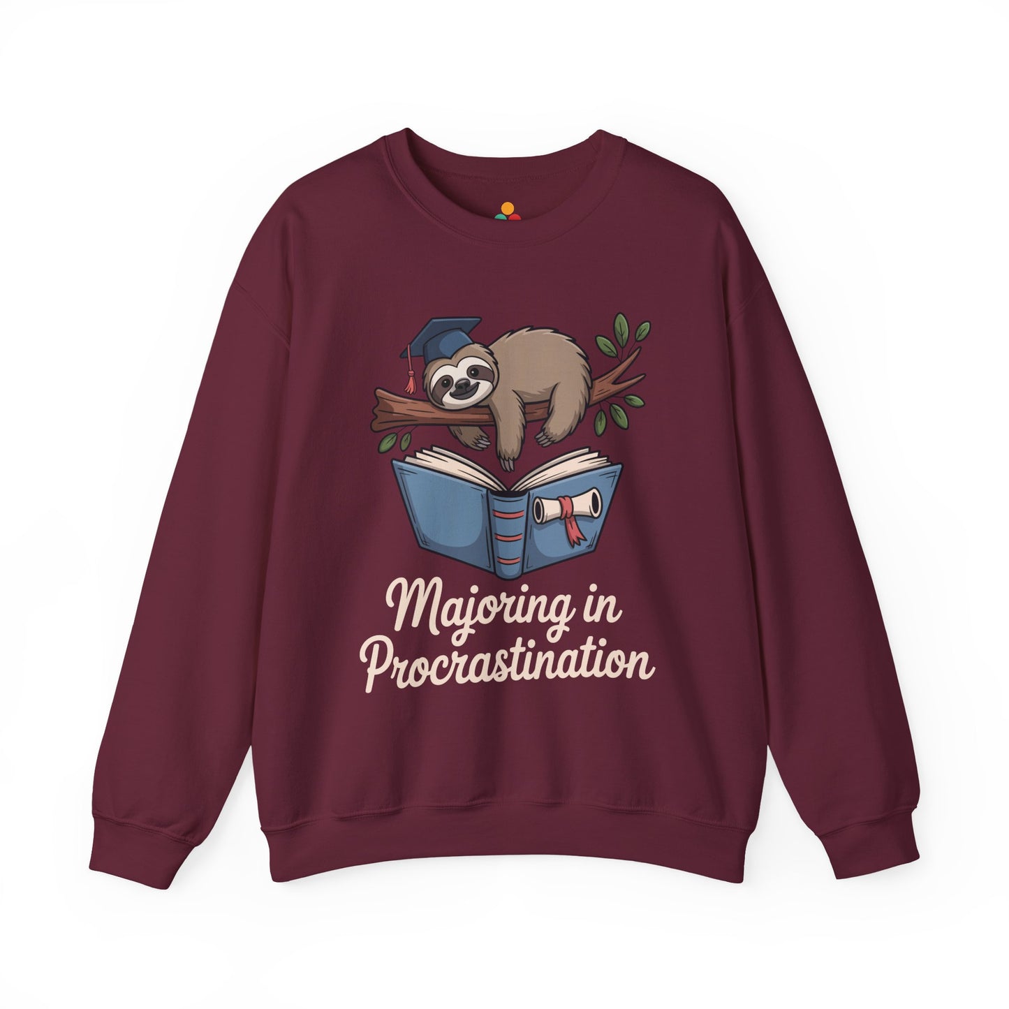 TEEZOCA sloth student sweatshirt with sarcastic graduation procrastination theme Maroon sweatshirt with a sloth graphic and 'Majoring in Procrastination' text on a white background