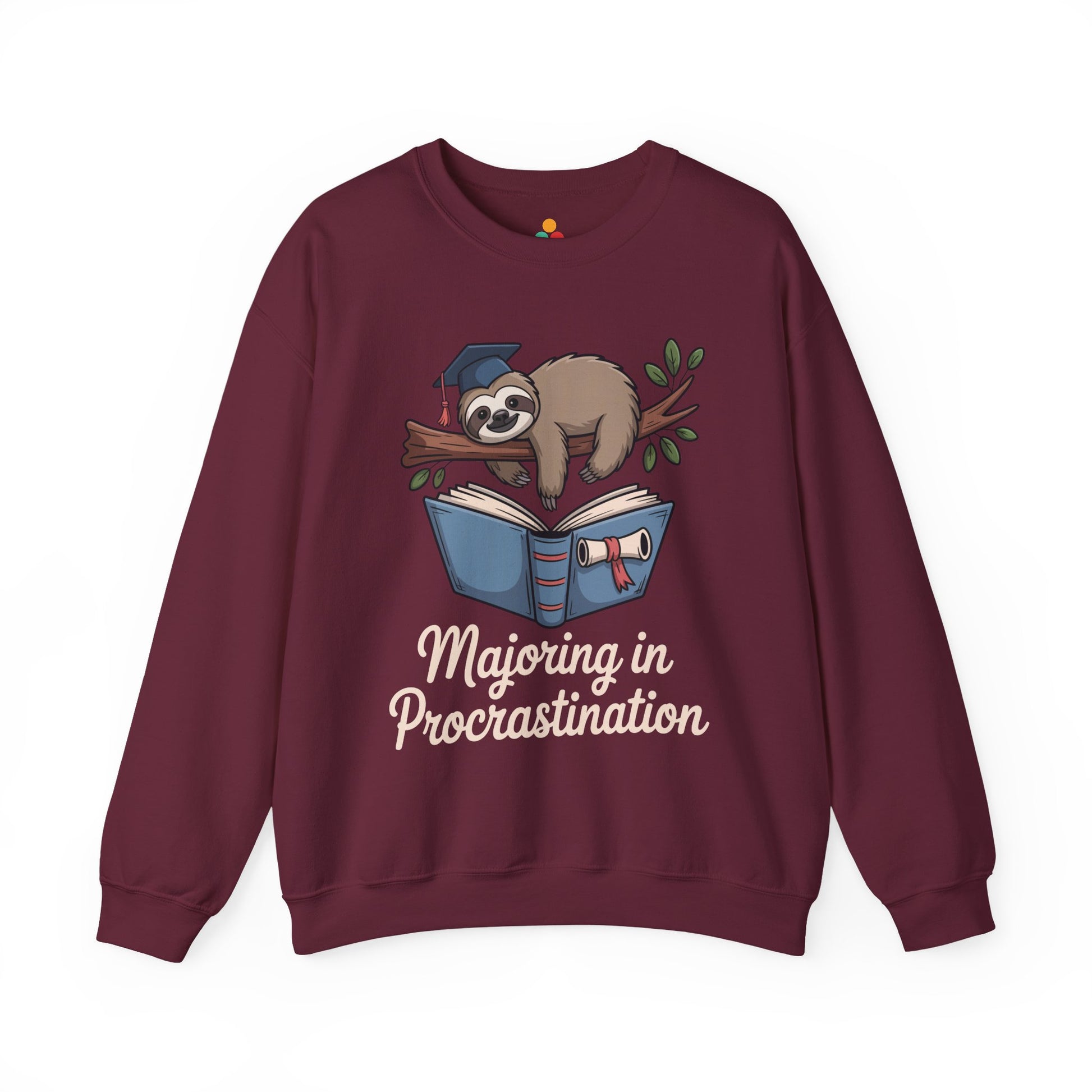 TEEZOCA sloth student sweatshirt with sarcastic graduation procrastination theme Maroon sweatshirt with a sloth graphic and 'Majoring in Procrastination' text on a white background