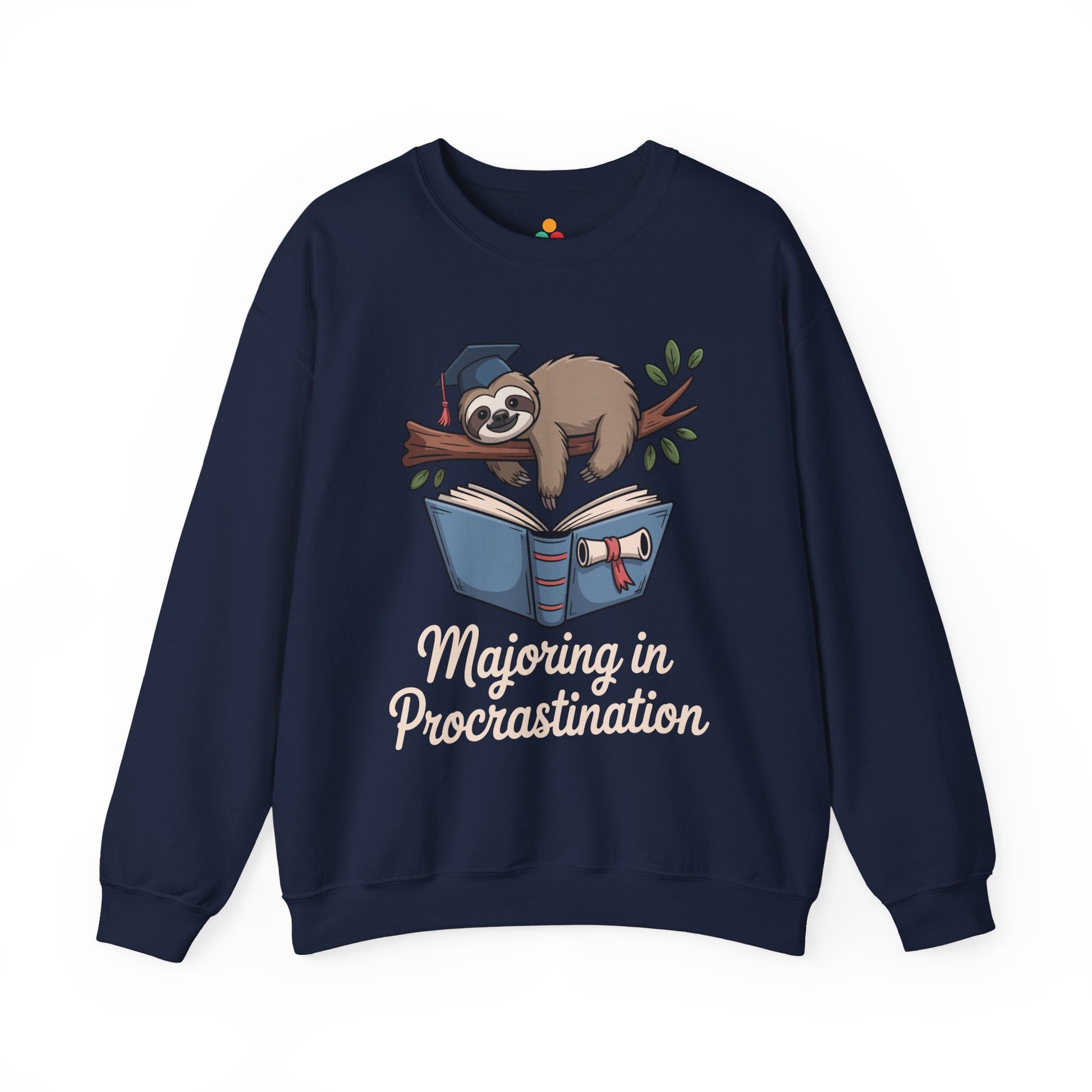 TEEZOCA sloth student sweatshirt with sarcastic graduation procrastination theme Navy blue sweatshirt with a sloth illustration and 'Majoring in Procrastination' text on a white background