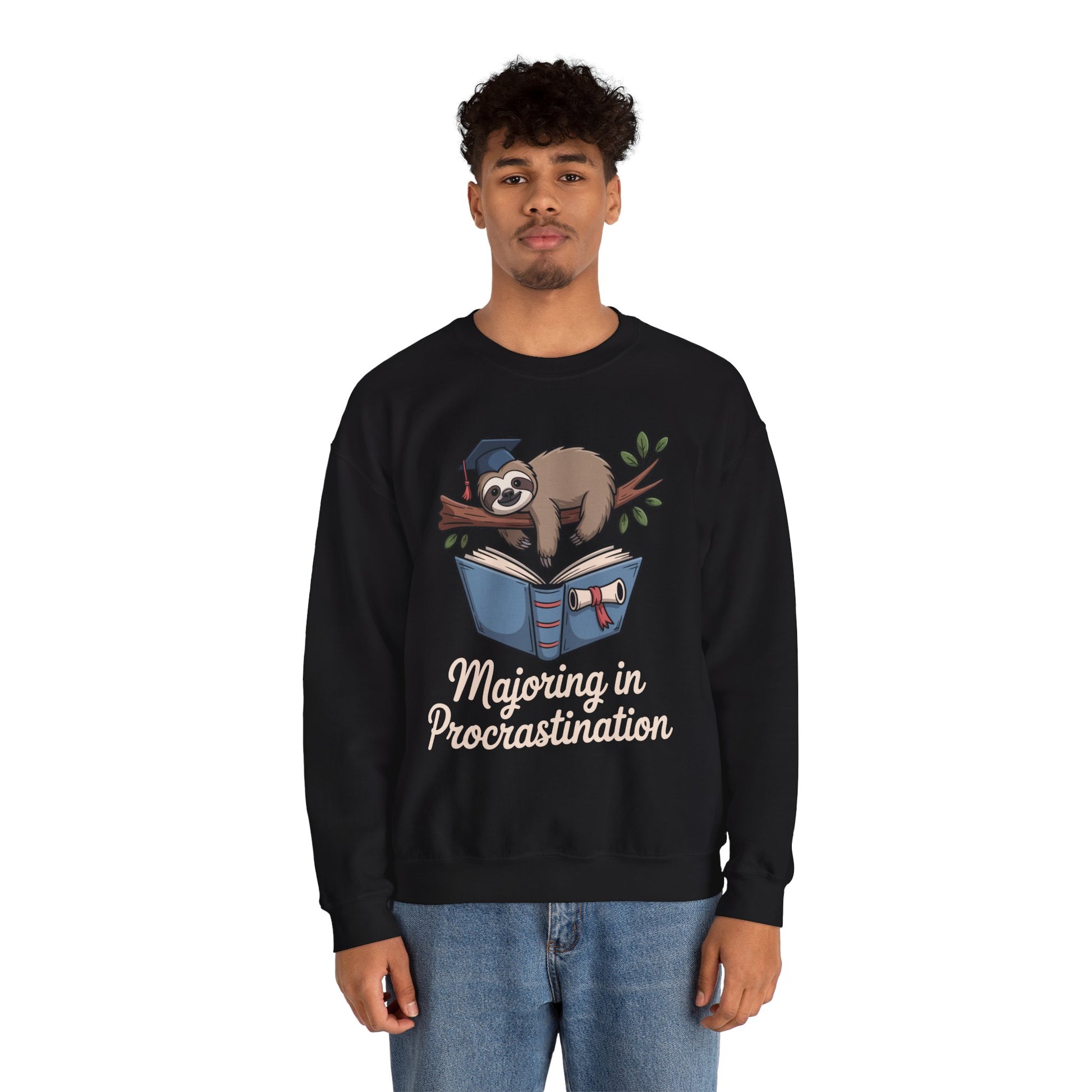 TEEZOCA sloth student sweatshirt with sarcastic graduation procrastination theme Person wearing a black sweatshirt with a sloth graphic and text on a white background