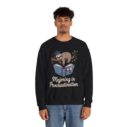 TEEZOCA sloth student sweatshirt with sarcastic graduation procrastination theme Person wearing a black sweatshirt with a sloth graphic and text on a white background