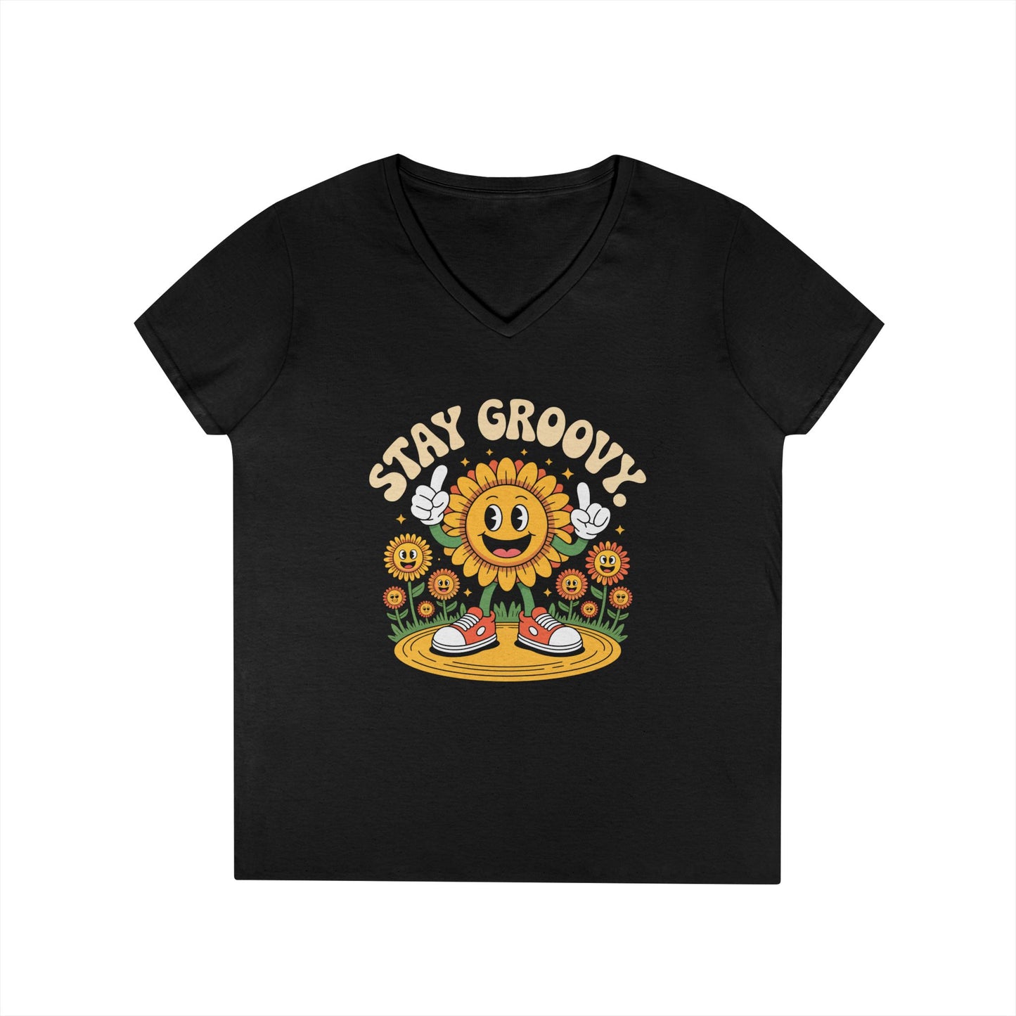 Stay Groovy Smiling Sunflower Graphic V-Neck T-Shirt for Women | TEEZOCA 