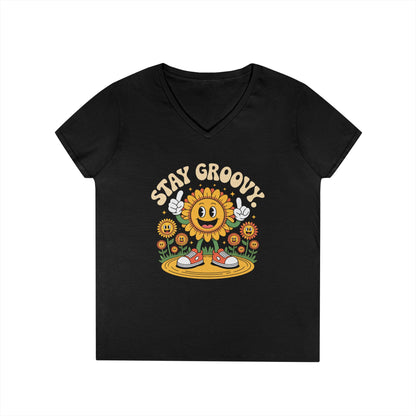 Stay Groovy Smiling Sunflower Graphic V-Neck T-Shirt for Women | TEEZOCA 