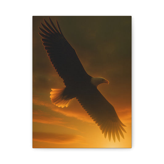 TEEZOCA soaring eagle sunset canvas shown flat with orange glow.