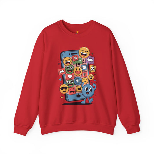 TEEZOCA social media emoji sweatshirt with smartphone and reaction icons Red sweatshirt with colorful emoji design on a white background